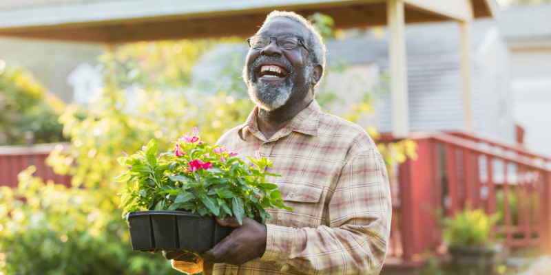 african american male carries a tray of flowers for planting in the garden.