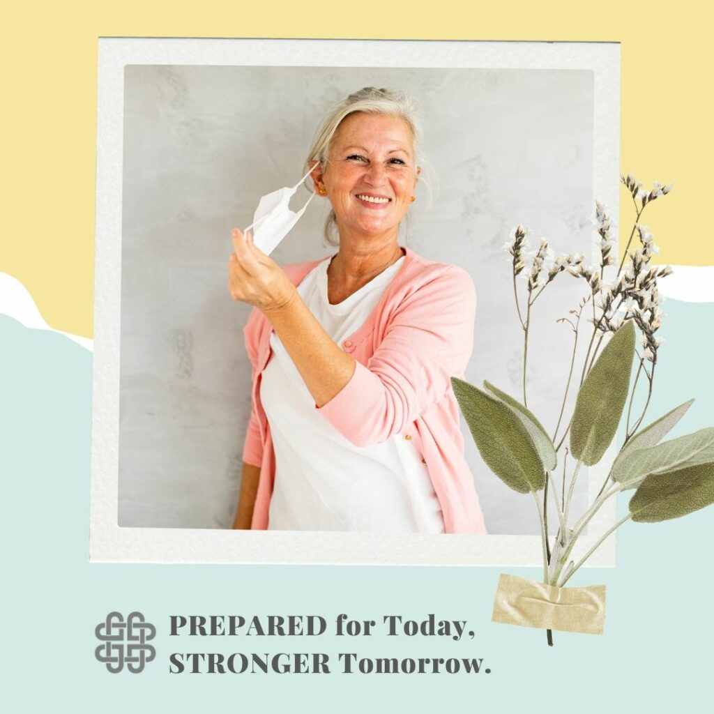 Woman taking off a medical mask, with flower graphic border