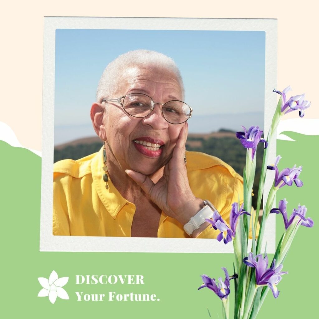 Senior woman smiling outdoors, with illustrated flowers